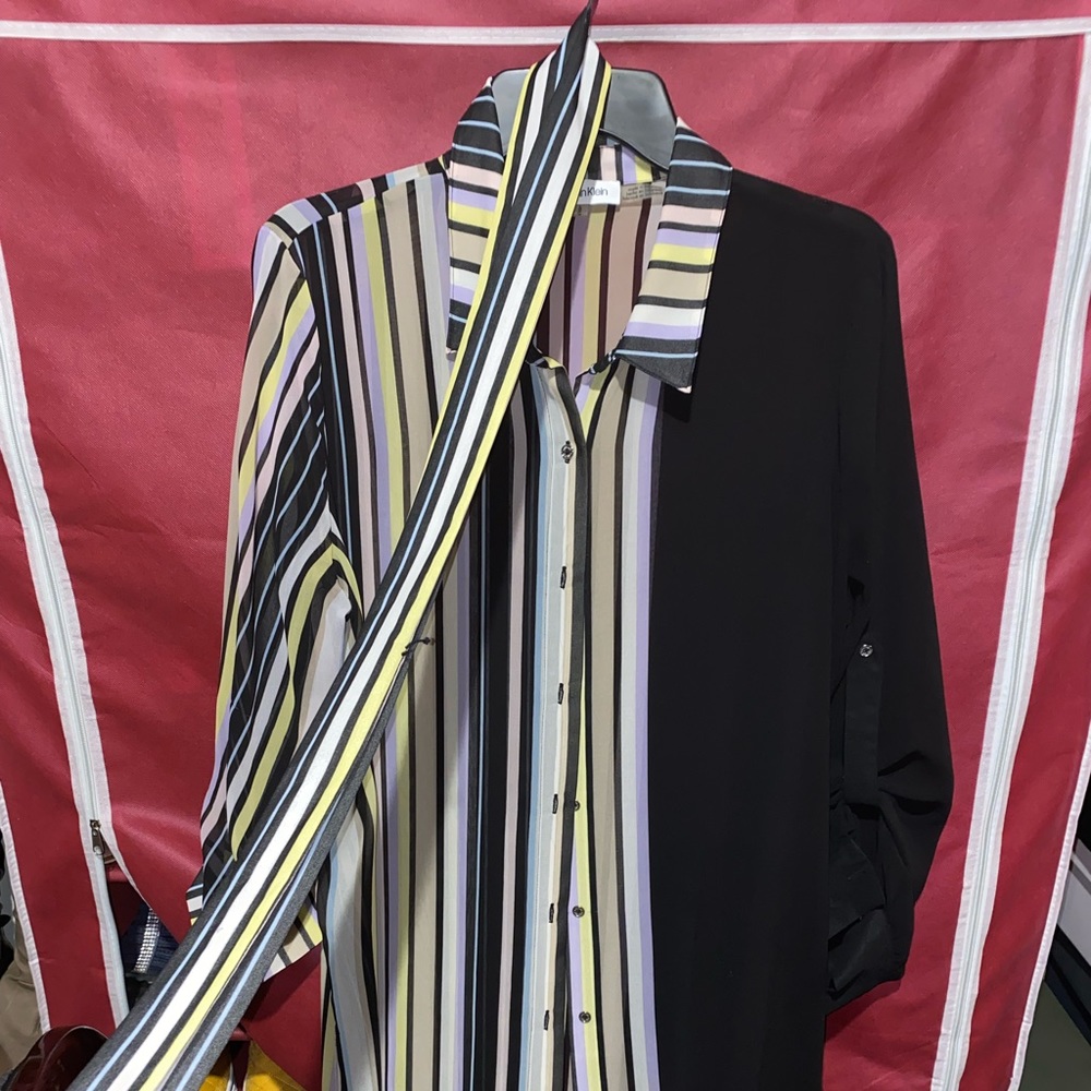 Calvin Klein Green and Black Pin Striped Tie Up T- Shirt Dress (Large)